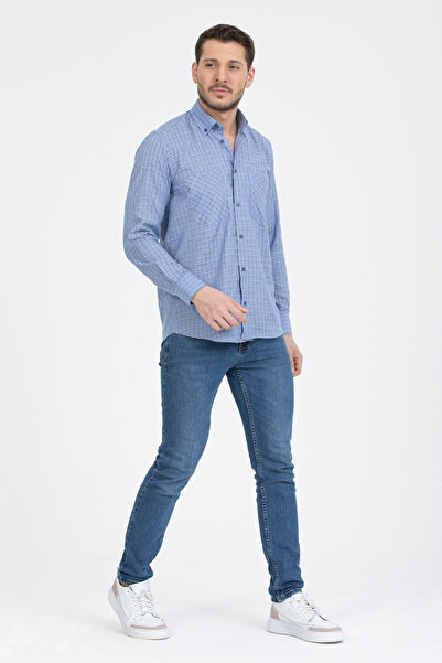 Varetta Мъжка риза с дълъг ръкав, карирана, синя яка, закопчаваща се с два джоба