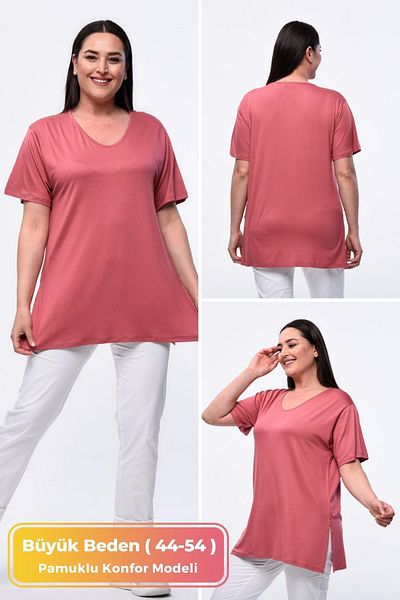 tarzımsüper Large Size Organic Cotton Side Slit Lycra Comfort Model Short Sleeve Sports And Casual T-shirt