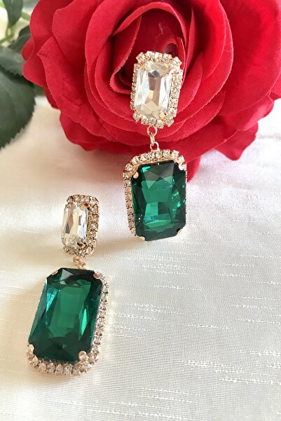 alsaccessories Yeşil Renk Kristal Taşlı Abiye Tasarım Kare Küpe