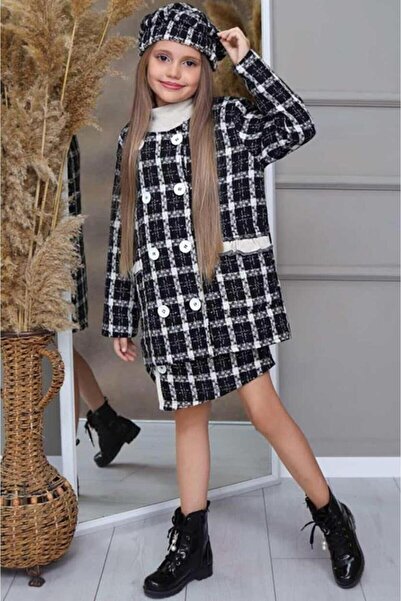 Riccotarz Κοριτσίστικο καπέλο μπερέ με καρό σχέδιο με κουμπιά και μαύρη φούστα