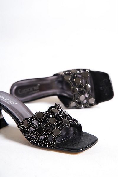 Capone Outfitters Capone Blunt Toe Metal Accessory Hourglass Heel Crinkled Patent Leather Black Women's Slippers