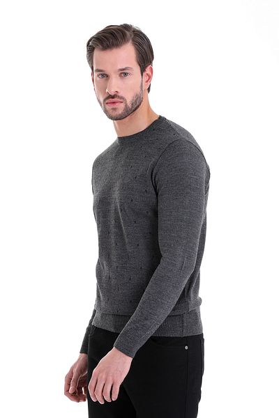 Hatemoğlu Gray Regular Fit Patterned Crew Neck Woolen Sweater