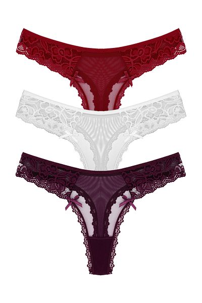 Zena 3-Piece Thong Women's Panties with Tulle and Lace Detail on the Front and Back