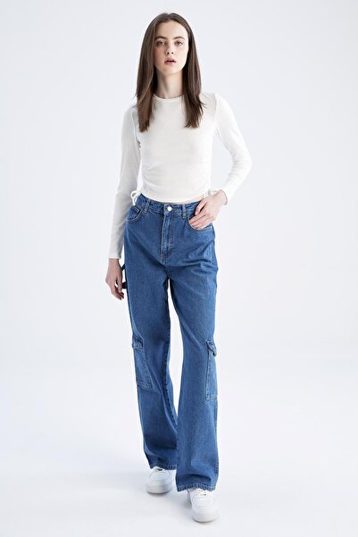 DeFacto 90's Wide Leg Yüksek Bel Geniş Paça Ekstra Uzun Kargo Jean %100 Pamuk Pantolon
