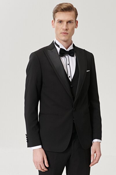 ALTINYILDIZ CLASSICS Erkek Siyah Slim Fit Yelekli Desenli Smokin Damatlık