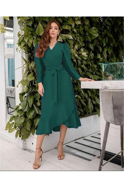 Trendusfashion Μακρυμάνικο μίντι φόρεμα New Season Crepe ύφασμα