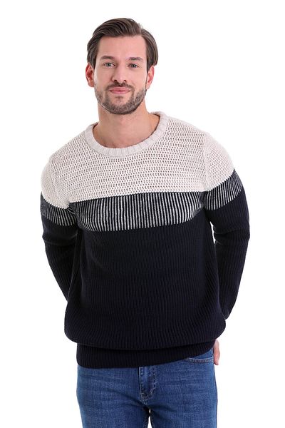 Hatemoğlu Navy Blue Regular Fit Striped Crew Neck Knitwear Sweater