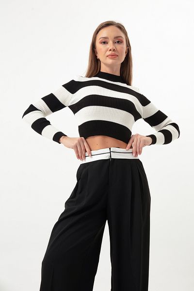 Lafaba Női fekete csíkos Lycra Crop kötöttáru pulóver