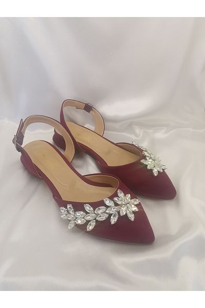 LİNEER Rochie de seară de balerină din piele de căprioară burgundă, cu toc de 3,5 cm, pantofi de mireasă