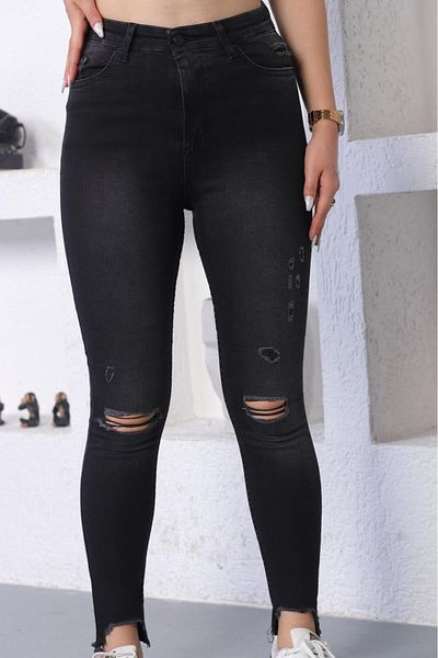 SHEVEGA Blugi negri din lycra, cu fantă pentru genunchi, cu picior apropiat, blugi rupti cu laser (slim fit)
