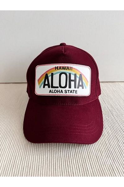 CosmoOutlet Adjustable Unisex Sticker Mesh Claret Red Hat with Hawaiian Aloha Slogan Removable Logo