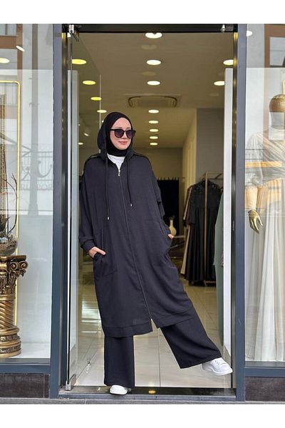 NS Moda Hijab Zippered Cap, Trousers Set Black Model-439