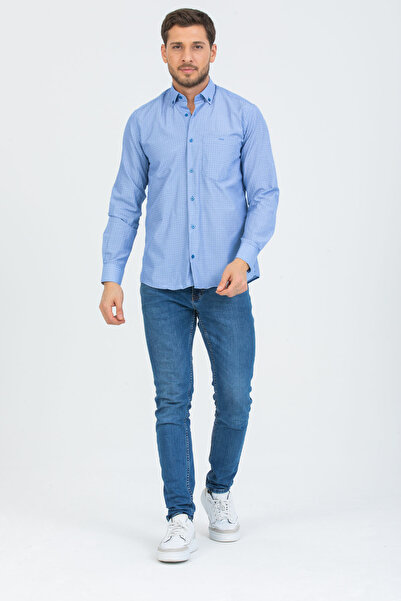 Varetta Мъжка тъмносиня карирана риза с дълъг ръкав и джоб, яка с копчета