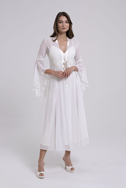 SEVİNÇ ÜRKMEZ Kadın Ekru Uzun Gecelik Sabahlık Takım