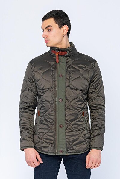 Cekmon Erkek Slim Fit Dik Yaka Fermuarlı Düğmeli Cepli Kalın Kapitone Şişme Mont