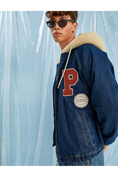 Koton College Printed Denim Jacket Plush Hooded