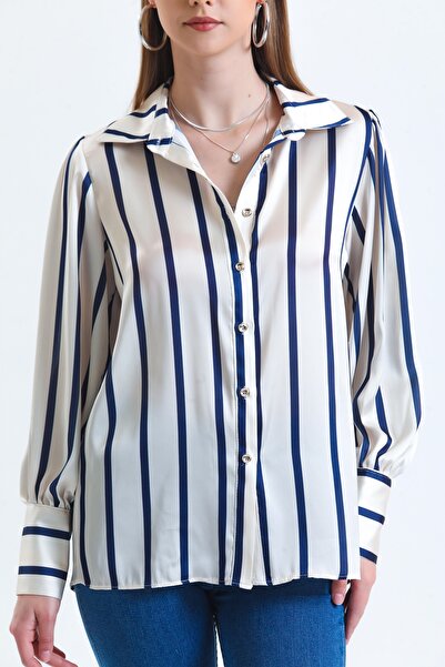 MD trend Women's Ecru Balloon Sleeve Gather Detailed Oversize Striped Satin Shirt