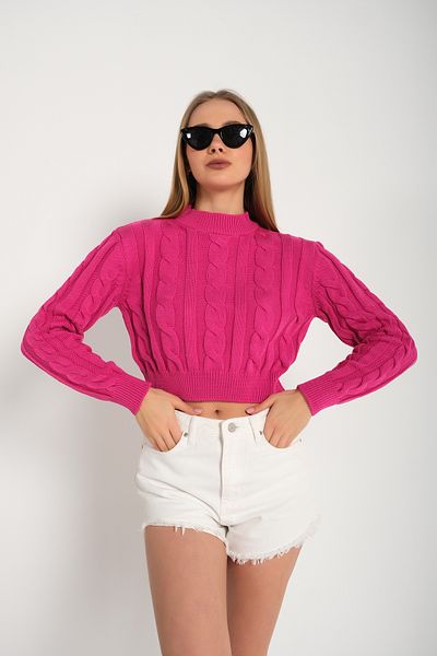 nosia fashion Pulover scurt fucsia cu jumătate de gât împletit