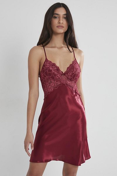 Pierre Cardin Women's Satin Lace Nightgown 608 Claret Red