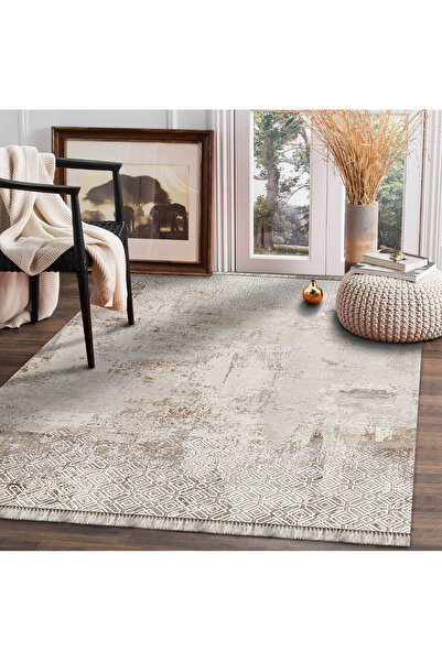 Minimal Maison Bej Desenli Kaymaz Tabanlı Halı