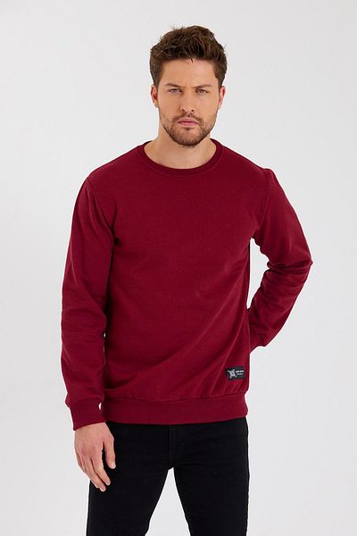 COMEOR Claret Red Crew Neck Label Detailed Cotton Inside Men's Sweatshirt
