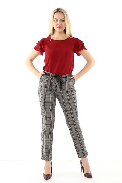 modayız Women's Gray Claret Red Plaid Fabric Trousers L1-1684