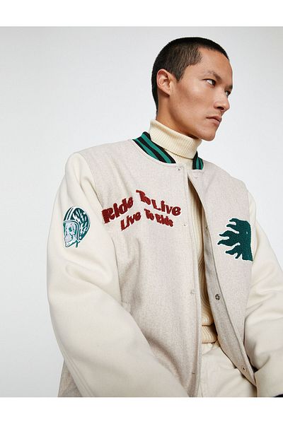 Koton College-Jacke mit Bomberkragen, bestickte, detaillierte Druckknopftasche