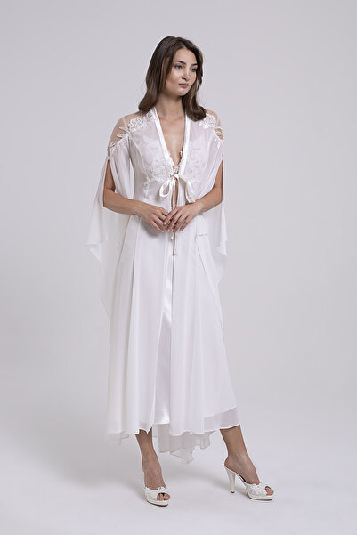 SEVİNÇ ÜRKMEZ Kadın Ekru Uzun Gecelik Sabahlık Takım