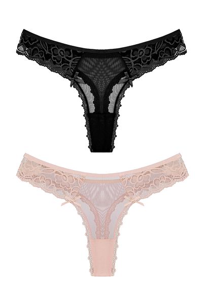 Zena 2-Piece Tulle Front and Back Lace Detailed Thong Women's Panties