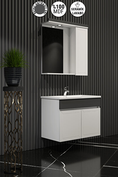 ÖZCEDEN Çuha 65 cm Beyaz-Antrasit Gri Mat MDF Pk-109 Balon Kapak Seramik Lavabolu Asma Banyo Dolabı Takımı