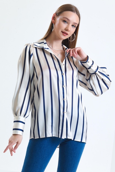 MD trend Women's Ecru Balloon Sleeve Gather Detailed Oversize Striped Satin Shirt