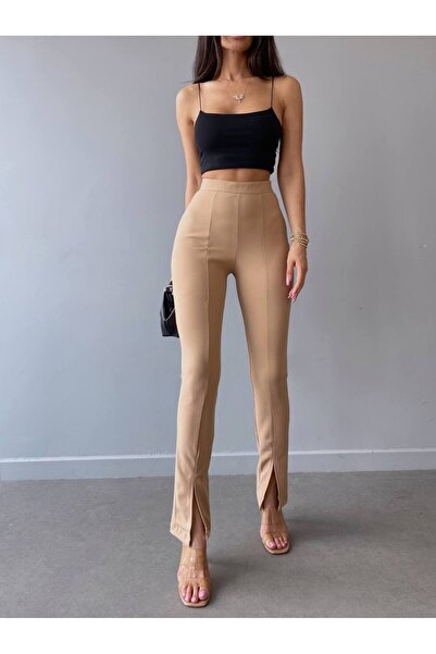 Genel Markalar Kadın Bej Yandan Fermuarlı Yüksek Bel Paçası Önden Yırtmaçlı U...