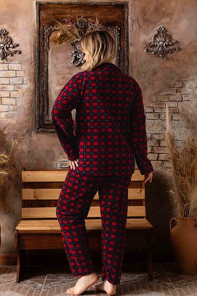 Lukitus Full Button Plaid Pattern Large Size Welsof Pajamas Set