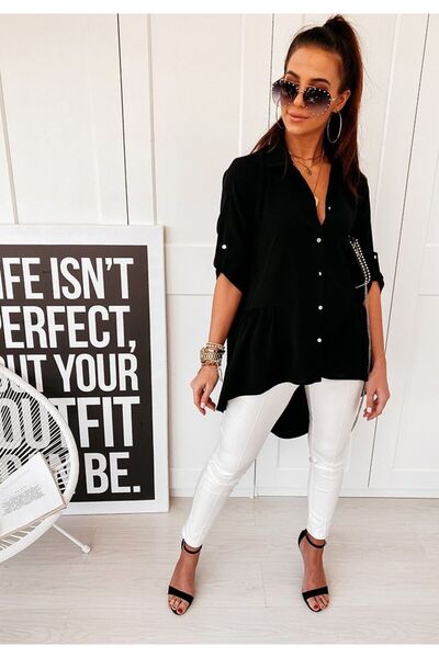 Esinty قميص نسائي من قماش الفيسكوز المنسوج باللون الأسود بأزرار معدنية وأكمام...