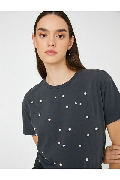 Koton Short Sleeve T-Shirt Crew Neck Pearl And Stone Detail