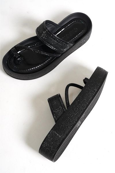 Capone Outfitters Stoned Banded Stone Detailed Wedge Heel Metallic Women's Slippers
