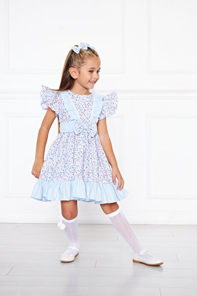 Moda Lippa Mavi Çiçek Desenli Kız Çocuk Elbise