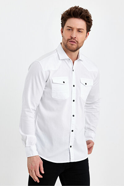 Tarz Cool Чоловіча біла сорочка Slim Fit з двома кишенями та кнопками-застібками - tcktgmlkr21s
