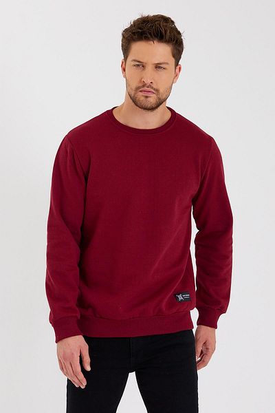 COMEOR Claret Red Crew Neck Label Detailed Cotton Inside Men's Sweatshirt