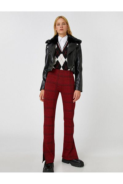 Koton Plaid Trousers with Slit Detail