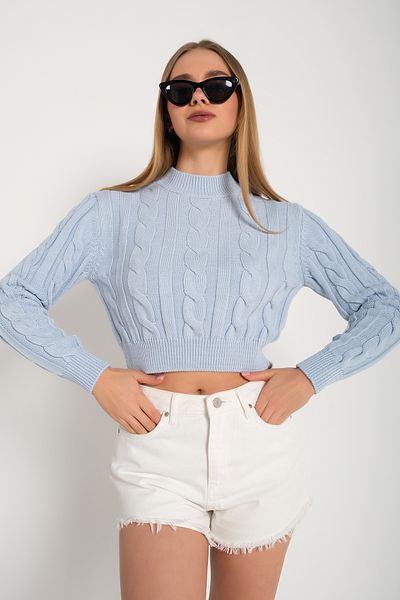 nosia fashion Pulover scurt crop albastru bebeluș cu jumătate de gât împletit