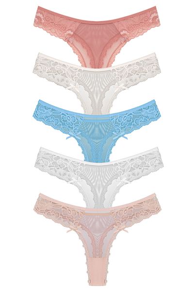 Zena 5-Piece Tulle Lace Detailed Thong Women's Panties