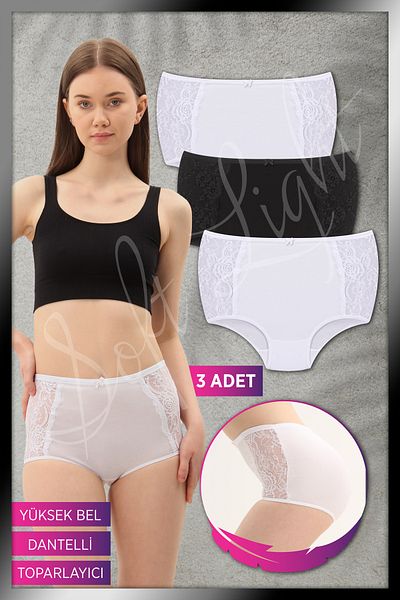 SOFT Chiloți de damă, alb, negru, cu talie înaltă, de recuperare, din bumbac dantelat, pachet de 3