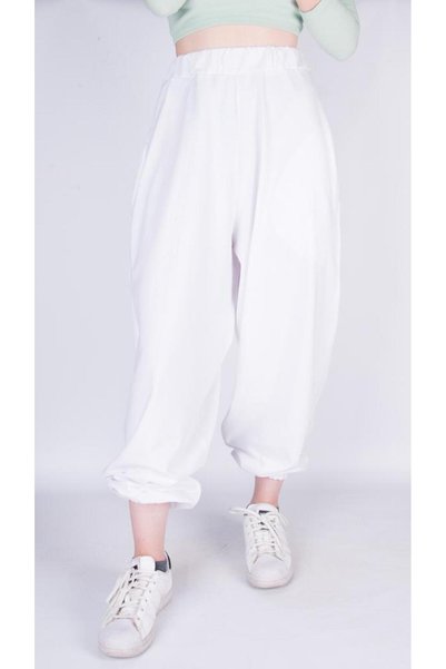 Modoo Tekstil Unisex Beyaz Bol Kesim Beli Ve Paçası Lastikli Eşofman Altı