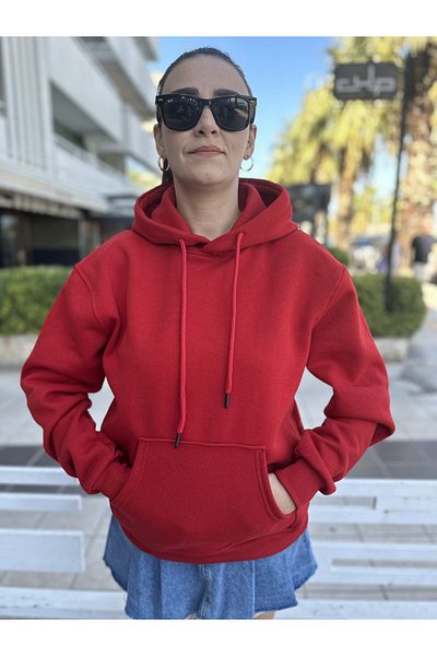 Fifty Color Women's Red 3 Thread Raster Hooded Kangaroo Oversize Hoodie