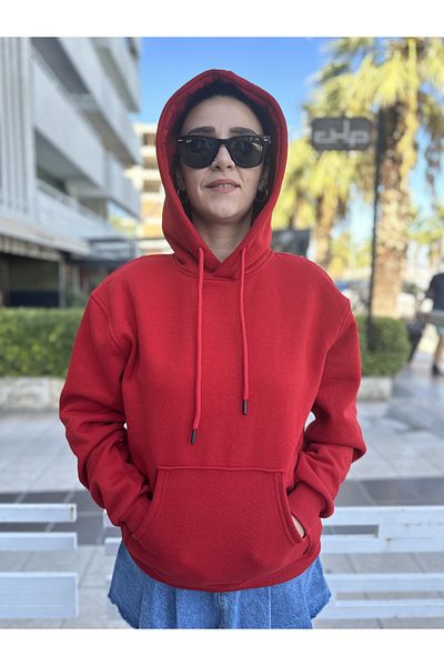 Fifty Color Women's Red 3 Thread Raster Hooded Kangaroo Oversize Hoodie