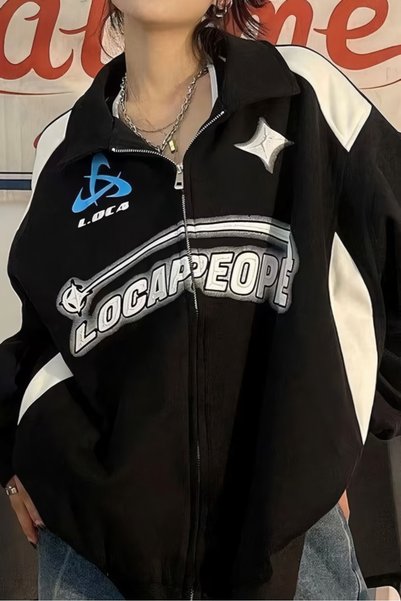 EFBUTİK Siyah Unisex Y2k Streetwear Locapeople Şardonlu Fermuarlı Hırka