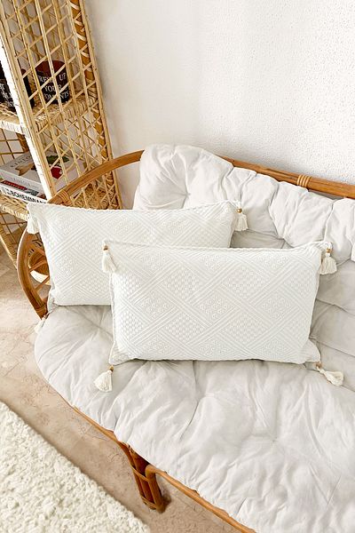 Nish & Royal Handmade White Buldan Cloth Authentic Organic Cotton Tasseled Throw Pillow Cover