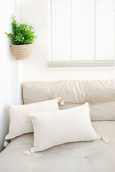 Nish & Royal Handmade White Buldan Cloth Authentic Organic Cotton Tasseled Throw Pillow Cover