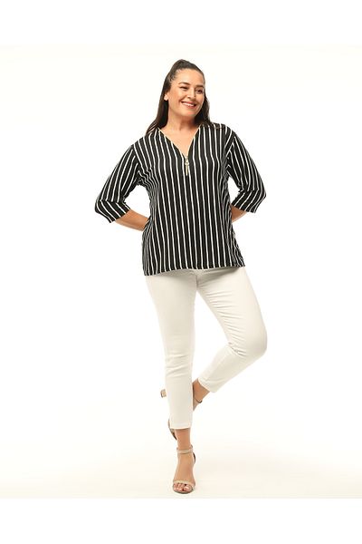 MJORA Stripe Pattern Collar Zippered Plus Size Blouse